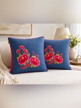 🌺 New! Pip Studio Pair of Embroidered Floral Boho Pillowcases